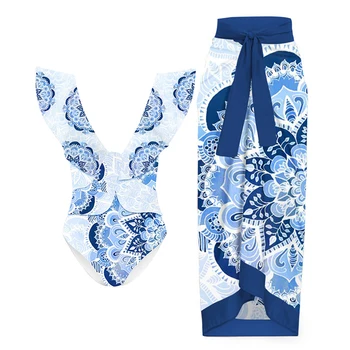 Blue Print Ruffle Mood Ühes Tükis Ujumistrikoo Naiselik V-Kaeluse Backless Bikiinid Elegantne Beachwear Katta Kuni 2022 Slim Stiilne Supelrõivad