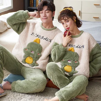 Talvel Paksenema Pidžaamad sleepwear Paarid Pidžaama Komplekti Naised Mehed Cartoon dinosaurus korea Armastavad homewear Pehme Soe Pijama Hupparit