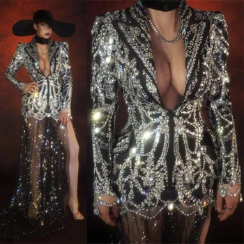 Diamond Bleiserid Naiste Elegantne Stiilne Kive sädelevat sthone Mantel Baar Laulja Etapp Kostüüm Sünnipäeva Crystal Kleit