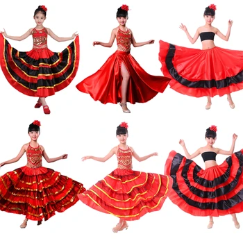 Tüdrukud Näitavad Flamenco Tantsu Kleit hispaania Mustlane Seelik Koori Staadiumis täitmiseks Kleidid Tüdruk Kõht Hispaania Kostüüm Lapsed 100-150CM