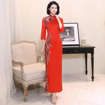 Suur Suurus, Punane Tikand Vintage Cheongsam Seksikas Slim Mandarin Krae Hiina Kleit Naiste Suvine Pidulik Kleit Pikk Oriental Qipao