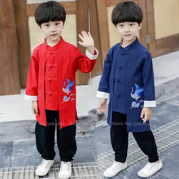 Laste Traditsiooniline Hiina Hanfu Tang Sobiks Kraana Tikandid Lapsed Poiss, T-särk, Püksid Varustus Tai Chi Kung Fu Tulemuslikkuse Kostüüm