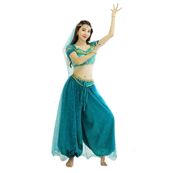 Araabia Jasmiin Kostüüm Naiste Sari Bollywood Femme Printsess Jasmine Kõht Tantsija Komplekt Halloween Top Püksid VeilHeaddress 4TK