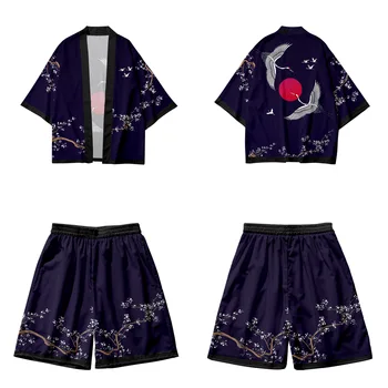 Jaapani Cosplay Kraana Prindi Kampsun, Harajuku Kimono Püksid Komplekti Yukata Vintage Casual Särk Naised Mehed Haori Kaks rõivakomplekti