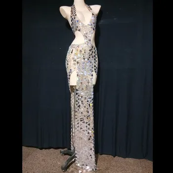 Sädelevat Hõbedane Peegel Rhinestone Õõnes Pikk Kleit Õhtul Sünnipäeva Tähistada Pulm Kostüüm Naistele Tantsija Ladina Kleit