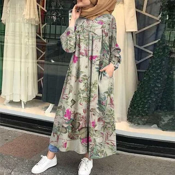 Moslemi Hijab Kleit Naiste Vintage Pikad Varrukad Marocain Seal Kaftan Maxi Kleit 2021 Sügisel Trükitud Vestidos Naine Lahtine Kleit Pluss Suurus