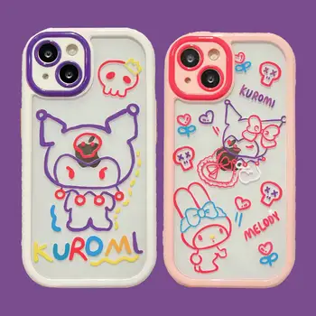 Cartoon kuromi line graffiti telefon case for iPhone 13 12 mini 11 Pro X-XR, XS MAX 7 8 6 Pluss tagakaas