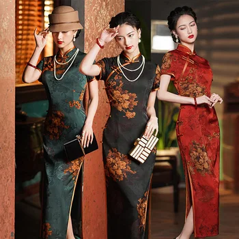 3 Värvi Vintage Hiina Stiilis Flower Print Qipao Kleit Naistele Parandada Elegantne Mandarin Krae Käsitöö Nuppu Kaua Cheongsam