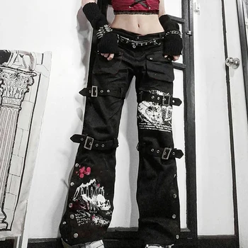 WeiYao Aas Lukk Must Punk Goth Jean Mood Naine Techwear Tume Akadeemilise Prindi E Tüdruk Cargo Püksid Madala Talje Denim Püksid