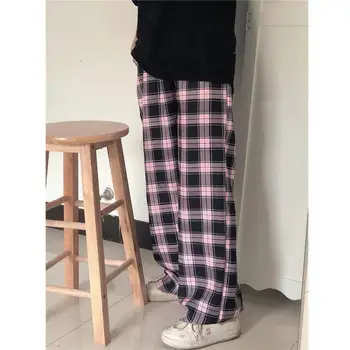 Must ja roosa Ruuduline püksid Mõõdus Uued Naiste Vabaaja Lahti Lai Jalg Püksid Ins Retro Teismelised Pikad Püksid Hiphop Streetwear