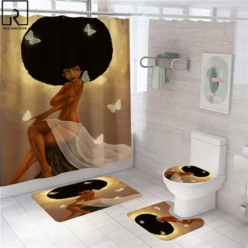 Aafrika-Ameerika Naine, Dušš Kardin Vannituba Dekoratiivsed Partitsiooni Veekindel Kangas Vann Ekraani Bath Mat Komplekt Wc Decor