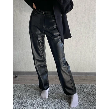 Püksid Naiste 2021 Must Faux Nahast Püksid Kõrge Vöökoht Püksid Taskud Mood Sirge Jalg Vabaaja Püksid Elegantsed Püksid Streetwear