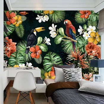 Custom Seinamaaling Tapeet Maali Pastoraalne Papagoi Troopiliste Vihmametsade Taimede Cartoon elutoas TV Taustaks Seina Paberid Home Decor