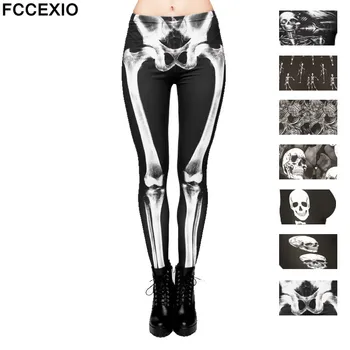 FCCEXIO Uue Brändi 3D Trükitud Retro Luud Must Skelett Seksikas Naiste Casual Punk Rock Leggins Kõrge Vöökoht Püksid Fitness Säärised