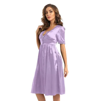 Naiste Nightgowns Kleidid Õhuke Siidist Pidžaama Homewear Lühikese Varruka Ees Nupp Pikk Pidžaama Printsess Kleit Ice Siid Pits