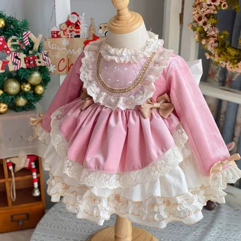 Beebi Tüdruk Sügis-Talve Roosa Samet, Vintage hispaania Tutt Pall Printsess Lolita Kleit Jõuludeks Sünnipäeva