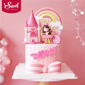 Royal Crown Roosa Castle Princess Tüdruk Beebi Happy Birthday Cake Torukübar Kid Partei Asjade Kook Deorating Roosa Armastan Kingitusi